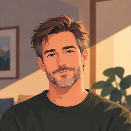 The same character at 45, at home: greying stubble, a green sweater