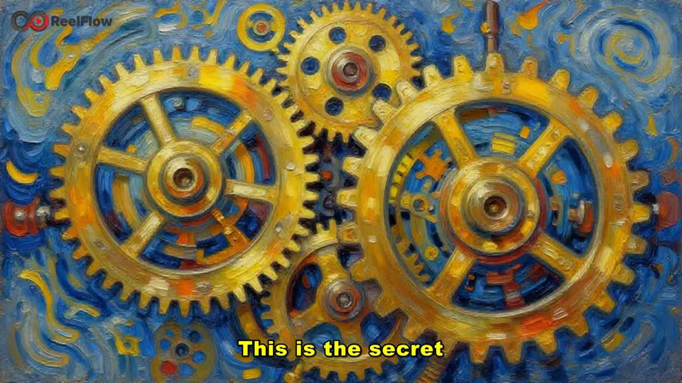 Golden gears turning, painted in a swirling oil style