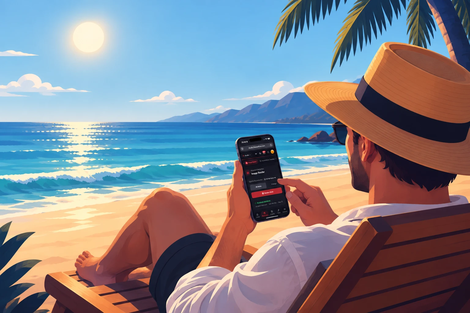 A man in a straw hat on a deck chair at the beach, directing a production in ReelFlow on his phone