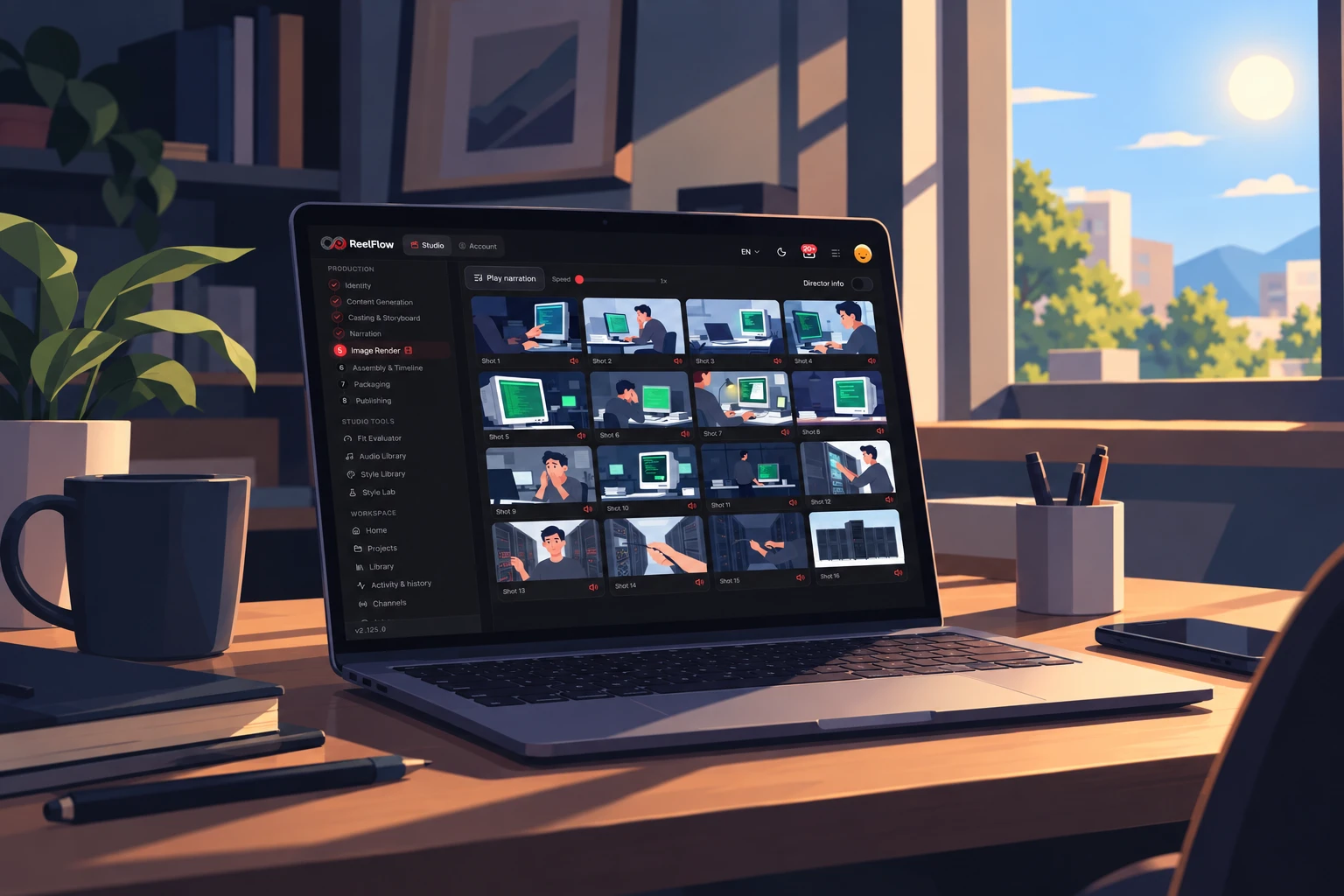 A laptop on a desk at home, rendering a production's storyboard shots in the ReelFlow desktop app
