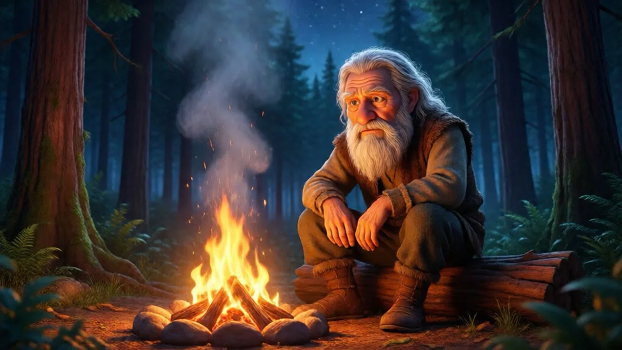 An old man with a white beard by a campfire in a night forest, rendered as 3D animation